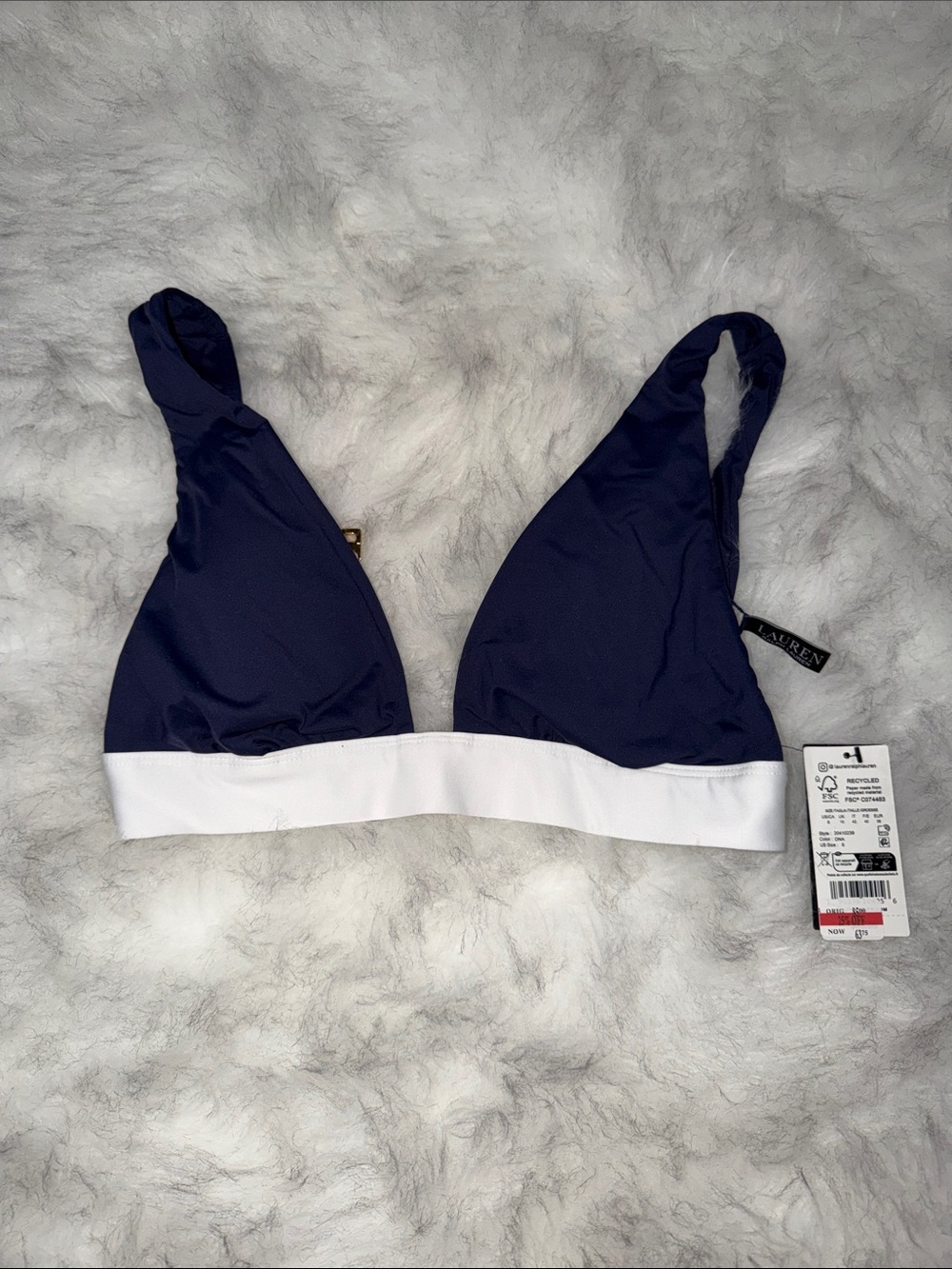 NWT Lauren Ralph Lauren Navy with White Band Modern V-neck Bikini Top